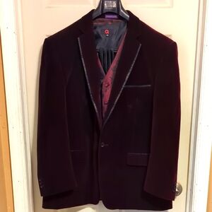 Vinci Burgundy Velvet Blazer w/Paisley Vest & Wide Vintage Style Tie Size 3XL